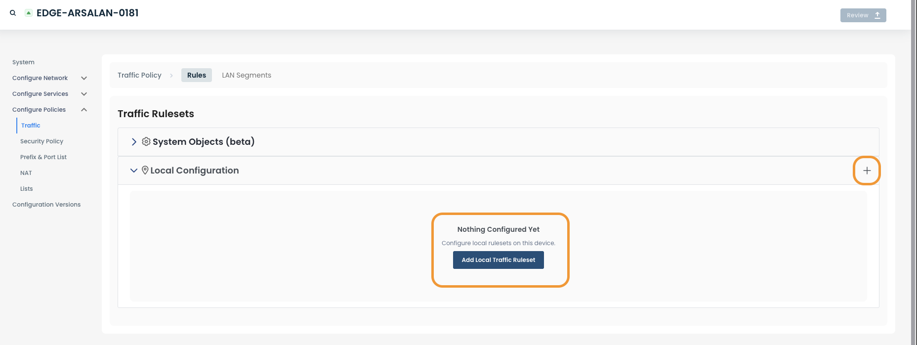 Traffic policy configuration interface showing options for system objects and local configuration.